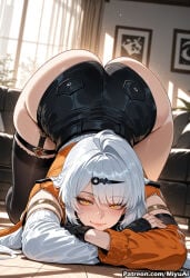 1girl ahoge ai_assisted ai_generated all_fours ass bangs black_legwear blush breasts curvaceous curvy curvy_female curvy_figure eyebrows_visible_through_hair female gloves hair_between_eyes hair_ornament highleg highleg_leotard indoors large_breasts leotard light_particles long_hair looking_at_viewer miyuai shirt silver_hair skindentation smile solo thick thick_ass thick_butt thick_hips thick_legs thick_thighs thighhighs thighs top-down_bottom-up voluptuous voluptuous_female wide_hips wide_thighs window yellow_eyes yixuan_(zenless_zone_zero) zenless_zone_zero