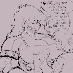 angry big_muscles bigger_female gritting_teeth hair_over_eyes huge_breasts intrusive_thoughts kris_(deltarune) muscular_female no_color paper school scolding sketch susie_(deltarune) talking_to_partner thedarkzircon thought_bubble