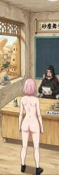 accurate_art_style ai_generated architecture bare_ass boruto:_naruto_next_generations chair desk elevated_position female footwear from_behind full_color in_front_of_another kankuro male manga_style married_female married_woman masashi_kishimoto_style naked naked_female naruto naruto_(series) naruto_shippuden office open_window pale-skinned_female pale_skin pink_hair sakura_haruno sakura_uchiha sandals sitting standing sunagakure tagme uchiha_sakura window