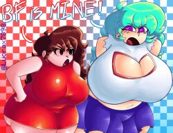2girls auburn_hair big_ass big_breasts blue_hair friday_night_funkin friday_night_funkin_mod girlfriend_(friday_night_funkin) heart-shaped_pupils huge_ass huge_breasts lucrax7898 skyblue tagme thick_thighs