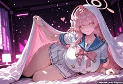1girl ahoge ai_assisted ai_generated alternate_costume bangs bed blanket blue_archive blush bow bracelet breasts curtains curvaceous curvy curvy_female curvy_figure female green_eyes hanako_(blue_archive) heart huge_breasts jewelry large_breasts long_hair looking_at_viewer lying miyuai night on_bed on_side pink_hair pleated_skirt sailor_collar school_uniform serafuku skirt sky smile solo star_(sky) starry_sky thick thick_ass thick_butt thick_hips thick_legs thick_thighs thighs under_covers voluptuous voluptuous_female wide_hips wide_thighs