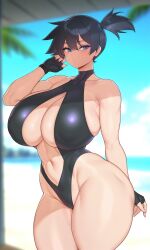 1girl ai_generated asymmetrical_hair bare_shoulders beach black_gloves black_hair black_one-piece_swimsuit black_swimsuit blue_eyes blue_sky blush breasts busty casual_one-piece_swimsuit center_opening cleavage closed_mouth clothing clothing_cutout cloud covered_collarbone day female fingerless_gloves gloves hair_between_eyes hair_tie hand_up highleg highleg_swimsuit huge_breasts kasumi_(pokemon) large_breasts looking_at_viewer misty_(pokemon) misty_(the_electric_tale_of_pikachu) navel navel_cutout ocean one-piece_swimsuit one_side_up outdoors palm_tree pokemon ponytail short_hair short_ponytail side_ponytail skindentation sky standing stomach swimsuit thick_thighs thighs tied_hair tree wide_hips