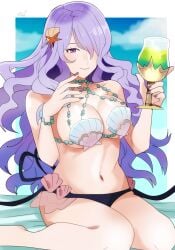 1girl = alluring alternate_costume bare_arms bare_legs bare_shoulders beach_mat bead_bracelet beads bikini blue_sky border bracelet camilla_(fire_emblem) cleavage cloud cocktail_glass commentary corrin_(fire_emblem)_(cosplay) cosplay cup drinking_glass fire_emblem fire_emblem_cipher fire_emblem_fates fire_emblem_warriors full_cleavage hair_ornament hair_over_one_eye highres holding holding_cup intelligent_systems jewelry large_breasts long_hair looking_at_viewer nail_polish navel nintendo one_eye_closed outdoors outside_border parted_bangs parted_lips purple_eyes purple_hair purple_nails rem_(eyes_410) shell shell_bikini shell_hair_ornament sideboob sitting sky smile solo stomach swimsuit thighs underboob very_long_hair wavy_hair white_border