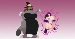 2017 big_breasts breast_growth breasts canid clothing duo female hair hat headgear headwear huge_breasts human_to_anthro magic magic_user magic_wand mammal nipples nken procyonid raccoon smile species_transformation standing surprise transformation witch witch_hat