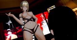 astra_yao before_sex blonde_hair blue_eyes evelyn_chevalier harness lingerie looking_at_another panties_removed serious_look zenless_zone_zero