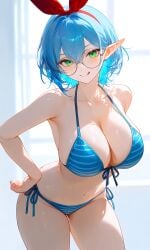 ai_generated bikini blue_striped_bikini boobs breasts elf elf_ears elf_female elf_girl keisha_callie striped_bikini tits