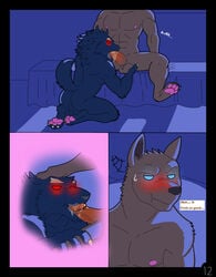 2boys abs aidenleblohic angry anthro ass ball_fondling balls bed blush bodily_fluids canid canine canis circumcised claws comic dialogues duo ears_down english_text erection eye_contact fellatio fondling forced fur furniture gay genitals glowing glowing_eyes hand_on_head hand_on_thigh hi_res jackal league_of_legends light looking_at_another male male/male male_only mammal moan moonlight muscular nasus night nipples nude oral pawpads penile penis pivoted_ears rape riot_games saliva sex sitting smile smooth_skin tailless vein veiny_penis video_games warwick wolf yaoi