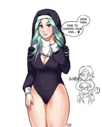 2girls clothed fire_emblem fire_emblem:_three_houses flayn_(fire_emblem) green_eyes green_hair leotard nabatean_(fire_emblem) nun rhea_(fire_emblem) seteth_(fire_emblem) thick_thighs wide_hips wingedwasabi