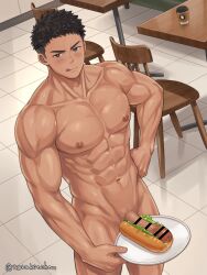 1boy abs artist_name bara beefy biceps big_areola big_glans big_penis black_hair blush breasts brown_eyes censor_bar censored censored_penis collarbone completely_nude ebitendon eight_pack erection exhibitionism food food_play foreskin foreskin_folds freaky frown gay hi_res high-angle_view hot_dog hotdog huge_cock hunk looking_at_viewer male male_breasts male_only manly mature_male moobs muscles muscular muscular_arms muscular_male muscular_neck naughty_face navel nude original original_character pecs penis penis_in_hot_dog_bun plate pointless_censoring practically_nude pubic_hair red_glans restaurant retracted_foreskin server shaved_crotch short_hair six_pack smile smirk solo spiky_hair standing thick_penis tiled_floor tongue_out torakitchen torakitchen_(ebitendon) tough_guy triceps uncircumcised uncut waiter yaoi