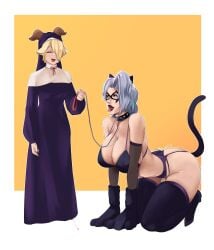 2girls apps_(character) artist_request big_breasts black_cat_(marvel) black_cat_(marvel_rivals) black_lingerie black_panties black_thighhighs blonde_female blonde_hair cat_ears cat_gloves cat_tail catgirl felicia_hardy female_dominated goat_girl hd hero heroine leash leash_and_collar leashed_collar lesbian lingerie marvel marvel_comics marvel_rivals mask masked_female nun nun's_habit nun_outfit only_female petplay plug_(sex_toy) plug_tail submissive submissive_female tongue_out yuri