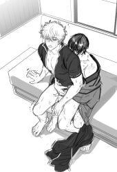 2boys anal anal_sex barefoot blush bottomless from_behind gay gintama gintoki_sakata high-angle_view kimono looking_back male male_only monochrome pants_down reverse_upright_straddle sitting sitting_on_lap sitting_on_person sketch socincol sweat takasugi_shinsuke trembling yaoi