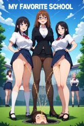 1boy 3women ai_generated femdom milf piss_drinking pissing pissing_in_mouth schoolboy schoolgirl straight teacher teacher_female