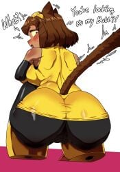 anthro big_breasts big_butt breasts brown_hair butt domestic_cat embarrassed felid feline felis female gameoverse glitch_productions hair hi_res huge_breasts huge_butt kit_(gameoverse) kit_bodega looking_back mammal solo tail
