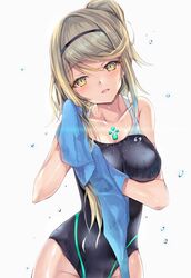 bangs bare_shoulders black_swimsuit blonde_hair blush breasts cleavage collarbone commentary_request competition_swimsuit cowboy_shot drying drying_hair eyebrows_visible_through_hair female hair_between_eyes hairband head_tilt highleg highleg_swimsuit hinot inoue_takuya_(pixiv_99697) large_breasts lips long_hair looking_at_viewer mythra_(xenoblade) nintendo one-piece_swimsuit one_side_up parted_lips simple_background slit_pupils solo swimsuit towel towel_on_head wet wet_clothes wet_hair xenoblade_(series) xenoblade_chronicles_2 yellow_eyes