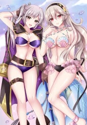 2girls alluring arm_behind_back arm_behind_head arm_up bare_arms bare_legs bare_shoulders belt big_breasts bikini black_hairband blush brown_eyes brown_gloves clam_shell cleavage closed_mouth collarbone commentary_request corrin_(fire_emblem) corrin_(fire_emblem)_(female) corrin_(summer)_(fire_emblem)_(female) fire_emblem fire_emblem_awakening fire_emblem_cipher fire_emblem_fates fire_emblem_heroes fire_emblem_warriors gloves grey_hair hair_between_eyes hair_ornament hairband hand_up high_res holding holding_polearm holding_swim_ring holding_weapon innertube intelligent_systems jewelry kirishima_riona leg_lift long_hair looking_at_viewer multiple_girls nail_polish navel nintendo o-ring o-ring_bikini o-ring_top official_alternate_costume open_mouth orange_nails pointy_ears polearm purple_bikini red_eyes robin_(fire_emblem) robin_(fire_emblem)_(female) robin_(summer)_(fire_emblem)_(female) seashell shell shell_bikini sideboob smile starfish_hair_ornament stomach swim_ring swimsuit thigh_belt thigh_strap twin_tails under_boob very_long_hair weapon
