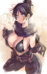 1girls 2d apex_legends belt belt_pouch bikini bikini_under_clothes black_hair black_scarf bodysuit breasts cleavage dirty dirty_face female hair_bun high_resolution large_breasts midriff musk navel open_bodysuit ponytail pouch purple_eyes scarf shiny shiny_clothes shiny_hair shiny_skin short_hair skindentation solo standing steam steaming_body sweat swimsuit thomasz tied_hair wide_hips wraith_(apex_legends)