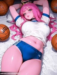 1girl adventure_time ai_generated arlequin097 arms_up ball basketball basketball_(object) black_choker blue_buruma blue_eyes blush bound bound_wrists breasts buruma choker gym_shirt gym_uniform large_breasts lips long_hair looking_at_viewer lying midriff navel on_back parted_lips pillow pink_hair pink_skin princess_bubblegum shiny_skin shirt short_sleeves solo stomach thighs tiara white_shirt