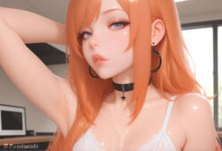 absurd_res ai_generated arm_behind_head arm_up armpits artist_name artist_upload black_choker blue_eyes blurry blurry_background bra breasts choker collarbone crossdressing earrings femboy femboy_focus feminine_male gay hi_res hoop_earrings indoors jewelry lips long_hair looking_at_viewer more_at_source orange_hair pandora parted_lips patreon patreon_username self_upload solo transgender uncensored underwear upper_body watermark white_bra window