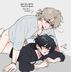 2boys anal black_hair black_hoodie blonde_hair blush bottomless bracelet breath collared_shirt crying degrees_of_lewdity drawstring english_text eyes_visible_through_hair gauze gauze_on_cheek green_eyes grey_background half_updo highres hood hood_down hoodie jewelry kylar_(degrees_of_lewdity) kylar_(male)_(degrees_of_lewdity) looking_at_another male_focus male_penetrated mole mole_under_eye multiple_boys multiple_moles open_clothes open_mouth open_shirt shirt simple_background sweat tifaesu trembling white_shirt whitney_(degrees_of_lewdity) whitney_(male)_(degrees_of_lewdity) wing_collar yaoi