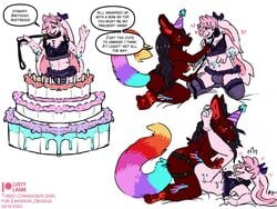 4:3 anthro atticus_mura birthday_cake cake canid canine clothed clothing collar conditional_dnp crossdressing dildo domination dominatrix duo ejaculation female female_domination food fox girly hands-free icing leash lingerie lustylamb male mammal sex_toy straight strapon