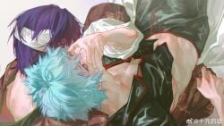 2boys bandages blue_hair covering_mouth gay gintama gintoki_sakata groping groping_from_behind hand_over_another's_mouth hand_over_mouth hand_under_clothes hand_under_shirt kimono light_blue_hair male male_only purple_hair red_eyes shiyuandehua sweat takasugi_shinsuke yaoi