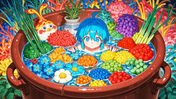 1girl ai_generated blue_eyes blue_hair cannibalism cooked cooked_alive cooked_person