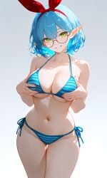 ai_generated bikini blue_striped_bikini boobs breasts elf elf_ears elf_female elf_girl grabbing_own_breast keisha_callie striped_bikini tits
