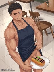 1boy apron apron_lift apron_only artist_name bara beefy biceps big_glans big_penis black_hair blush bottomless brown_eyes censor_bar censored censored_penis collarbone ebitendon erection exhibitionism food food_play foreskin foreskin_folds freaky frown gay hi_res high-angle_view hot_dog hotdog huge_cock hunk looking_at_viewer male male_only manly mature_male muscles muscular muscular_arms muscular_male muscular_neck naughty_face original original_character pecs penis penis_in_hot_dog_bun plate pointless_censoring practically_nude pubic_hair red_glans restaurant retracted_foreskin server shaved_crotch short_hair smile smirk solo spiky_hair standing thick_penis tiled_floor tongue_out torakitchen torakitchen_(ebitendon) tough_guy triceps uncircumcised uncut waiter yaoi
