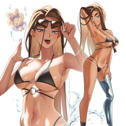 alien_stage artist_request bikini black_bikini black_nails blue_eyes breasts brown_hair dark-skinned_female dark_skin hyuna_(alien_stage) large_breasts long_hair looking_at_viewer multicolored_hair nail_polish prosthetic prosthetic_limb smile solo solo_female sunglasses sweat tongue_out