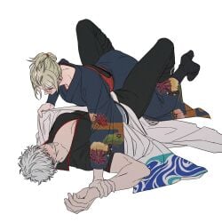 2girls blonde_hair blush butch cleavage female female_only full_body fully_clothed genderswap_(mtf) gintama gintoki_sakata japanese_clothes kimono medium_breasts pinned pinned_down rule_63 short_hair socincol tits tomboy tsukuyo very_short_hair white_hair wrist_grab yuri