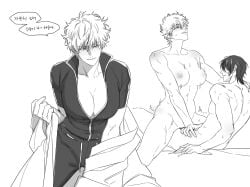 1boy 1girls ambiguous_penetration big_breasts blush bouncing_breasts cleavage completely_nude cowgirl_position female female_focus genderswap_(mtf) gintama gintoki_sakata korean_text male monochrome motion_lines muscular muscular_female nude popped_collar rule_63 short_hair smile socincol straddling sweat takasugi_shinsuke tomboy very_short_hair
