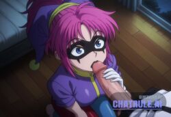 1girl ai_assisted ai_generated anime_coloring anime_screencap bedroom black_lipstick blue_eyes domino_mask gasping hair_ribbon hand_to_mouth jester_cap kneeling_on_floor large_penis looking_at_penis looking_up_at_penis machi_komacine medium_breasts night penis_awe pink_hair ponytail short_hair surprised viewed_from_above white_facepaint white_gloves wooden_floor