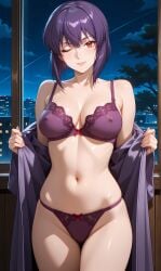 1girl abdomen ai_generated arms bra breasts collarbone cyborg erect_nipples ghost_in_the_shell ghost_in_the_shell_stand_alone_complex half_naked hips lingerie lipstick mature_female motoko_kusanagi navel one_eye_closed open_robe panties pixai purple_bra purple_hair purple_lingerie purple_panties purple_robe red_eyes seductive_face short_hair silk_robe smile thighs toned_body toned_stomach waist wink