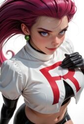 1girl ai black_gloves blue_eyes blush breasts closed_mouth crop_top earrings elbow_gloves eyelashes forehead gloves hair_slicked_back hand_on_own_chest jacket jessie jewelry large_breasts lips long_hair looking_at_viewer makeup midriff navel patreon pokemon purple_eyes purple_hair realistic red_hair sci-fi simple_background skirt smile solo stomach team_rocket team_rocket_uniform watermark white_background