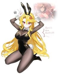 1girl absurdres anger_vein animal_ear_hairband animal_ears bare_arms blonde_hair bodystocking breasts commentary_request don_quixote_(limbus_company) double_v english_text fake_animal_ears fake_tail hairband high_heels highres la_manchaland_(identity)_(project_moon) large_breasts leotard limbus_company long_hair looking_at_viewer official_art_inset outis_(limbus_company) playboy_bunny project_moon rabbit_ears rabbit_tail red_eyes sancho_(limbus_company) seiza sitting slit_pupils spoken_squiggle squiggle strapless strapless_leotard tail v very_long_hair