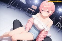 1boy 1girl ai_generated bag bare_legs bare_shoulders between_legs black_pants blue_eyes blue_shorts blush breasts camera cardigan chair cleavage closed_mouth collarbone denim denim_shorts dutch_angle earrings frilled_shirt frills go-toubun_no_hanayome hair_between_eyes hand_between_legs ichika_nakano indoors jacket jewelry large_breasts long_sleeves looking_at_viewer nakano_ichika nivora off-shoulder_shirt off_shoulder open_cardigan open_clothes pants pink_cardigan pink_hair pink_jacket pink_shirt pov shirt shoes short_hair short_shorts shorts sitting sitting_on_person solo solo_focus stud_earrings thighs tile_floor tiles white_footwear white_shirt