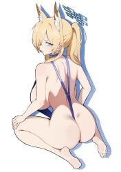 1girl absurdres ammak animal_ear_fluff animal_ears ass blonde_hair blue_archive blue_eyes blue_halo blue_slingshot_swimsuit breasts commentary_request dog_ears dog_girl hair_over_one_eye halo highres kanna_(blue_archive) korean_commentary large_breasts long_hair notched_ear seiza sharp_teeth sitting slingshot_swimsuit swimsuit teeth wariza