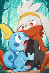 2boys ai_generated anguirus12345 anthro anthro_on_feral big_penis black_fur blue_body blush erection feral_on_anthro forest forest_background generation_8_pokemon grey_fur humanoid_penis licking licking_penis long_tongue male male/male multicolored_fur multiple_boys nintendo one_eye_closed oral oral_sex penis penis_lick penis_size_difference pokemon pokemon_(species) precum raboot red_fur sitting size_difference small_penis sobble yaoi