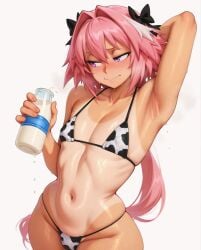 1boy 1femboy ai_generated armpits astolfo_(fate) cow_print cow_print_bikini fate/grand_order fate_(series) femboy hair ironart158 light-skinned_femboy light-skinned_male light_skin long_hair male milk pink_hair purple_eyes solo solo_femboy solo_male tan tan_body tanned tanned_femboy tanned_skin