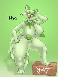 2022 anthro anthrofied big_breasts breasts domestic_cat felid feline felis female fur furry furry_only game_freak gradient_background green_background green_theme hi_res m-47 mammal naked nintendo nude pokémon_(species) pokemon pokemon_sv solo sprigatito tail text thick_thighs video_games