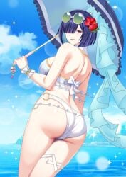 1girls alluring ass bare_arms bare_back bare_shoulders blue_hair blue_sky bob_cut breasts brown_eyes casual_one-piece_bikini cloud colored_inner_hair commentary_request day eyewear_lift eyewear_on_head facing_away fire_emblem fire_emblem_heroes flower frilled_wrist_cuffs frills from_behind hair_flower hair_ornament hair_over_one_eye hand_up highres hodr_(fire_emblem) hodr_(twilight_breeze)_(fire_emblem) holding holding_umbrella horizon intelligent_systems jewelry large_breasts looking_at_viewer looking_back multicolored_hair nintendo ocean official_alternate_costume one-piece_swimsuit open_mouth outdoors parasol short_hair sky smile solo swimsuit sylphy_fe thighlet thighs two-tone_hair umbrella water white_one-piece_bikini wrist_cuffs