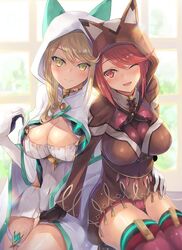 2girls animal_ears armor bangs blonde_hair breasts cat_ears cleavage cleavage_cutout earrings gem gloves headpiece hinot hood inoue_takuya_(pixiv_99697) jewelry large_breasts looking_at_viewer multiple_girls mythra_(xenoblade) nintendo pyra_(xenoblade) red_eyes red_hair short_hair shoulder_armor smile swept_bangs thigh_strap tiara xenoblade_(series) xenoblade_chronicles_2 yellow_eyes