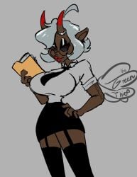 black_iris black_tie button_up_shirt dark-skinned_female devil_horns folder grey_hair hourglass_figure huge_breasts office_lady red_eyes red_lipstick round_glasses sequence short_skirt sketch small_waist succubus succubus_horns thegreenthief thigh_strap thighhighs tie