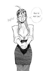 black_and_white black_hair glasses large_breasts office_clothing office_lady pencil_skirt pxlfrug smiling_at_viewer standing
