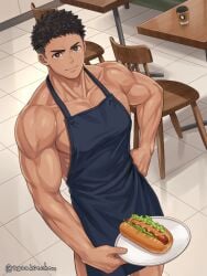 1boy apron apron_only artist_name bara beefy biceps black_hair brown_eyes collarbone ebitendon food frown gay hi_res high-angle_view hot_dog hotdog hunk looking_at_viewer male male_only manly mature_male muscles muscular muscular_arms muscular_male muscular_neck no_visible_genitalia original original_character pecs plate practically_nude restaurant server short_hair smile smirk solo spiky_hair standing suggestive tiled_floor torakitchen torakitchen_(ebitendon) tough_guy triceps waiter yaoi
