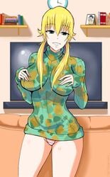 bare_thighs big_breasts blue_eyes breast_grab breasts camouflage female female_only looking_at_viewer original panties solo_female thatdamapache thick_thighs thighs yellow_hair yuyu_johnson