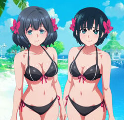 2girls bare_legs bare_shoulders beach bikini black_bikini blue_eyes blue_hair blushing botan_nagatsuki cleavage collarbone large_breasts looking_at_viewer medium_breasts red_ribbon ribbon_in_hair short_hair smiling standing tino_shade