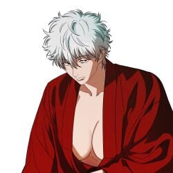 butch cleavage female female_only frown genderswap_(mtf) gintama gintoki_sakata kimono looking_at_viewer medium_breasts no_bra rule_63 short_hair socincol solo tomboy upper_body very_short_hair white_hair