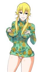 bare_thighs blue_eyes breast_grab breasts camouflage female_focus female_only looking_at_viewer original solo_female thatdamapache thighs white_background yellow_hair yuyu_johnson