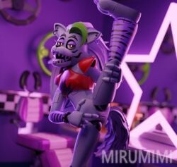 1girl 1girls animatronic animatronic_female five_nights_at_freddy's five_nights_at_freddy's:_security_breach fnafhs green_skin half-dressed half_naked lifting lifting_leg mirumimi roxanne_wolf_(fnaf) solo solo_focus tail visible_pussy watermark wolf wolf_girl